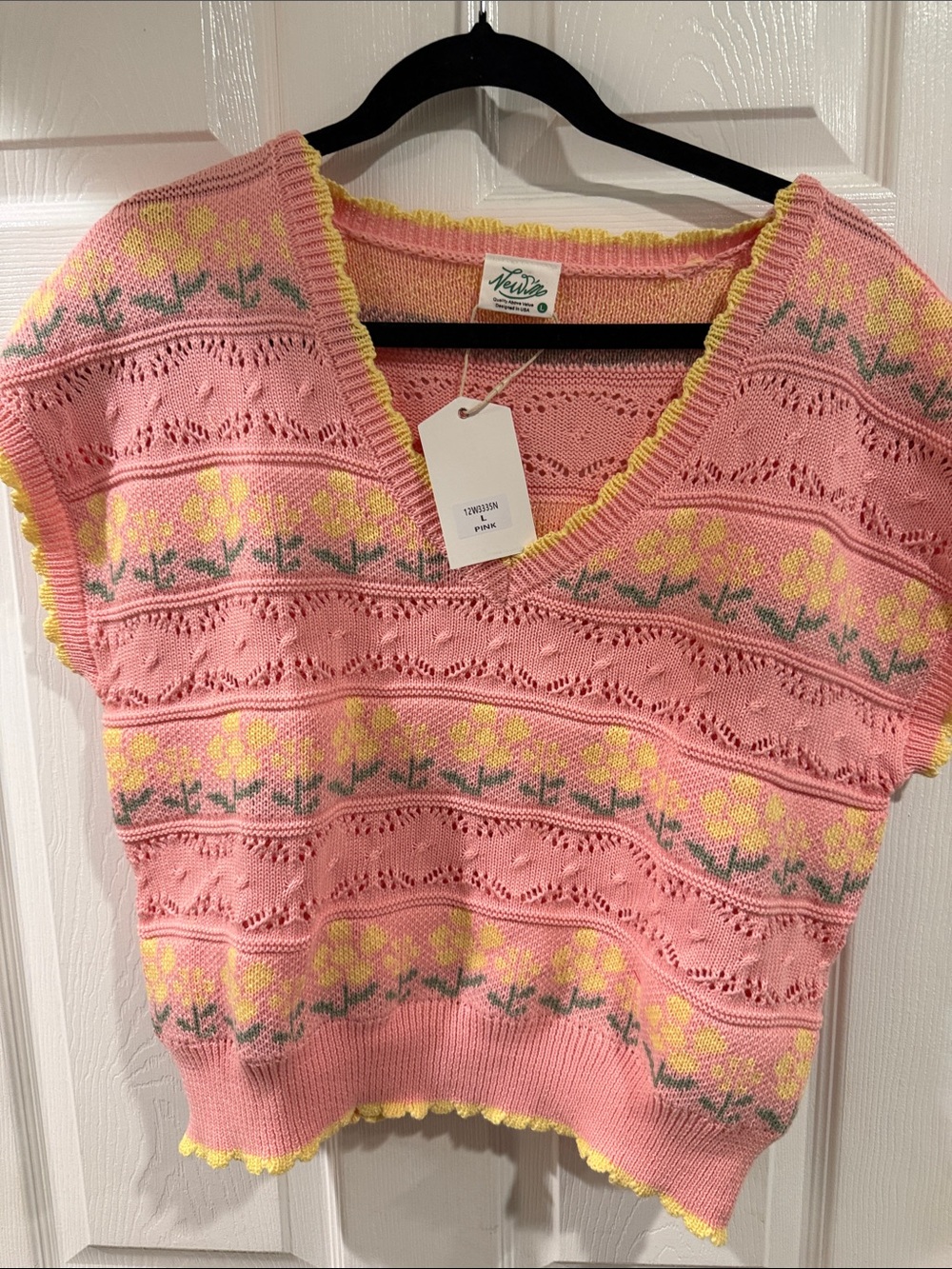 New Mix Pink V-Neck Floral Knit Sweater Vest with Yellow Trim